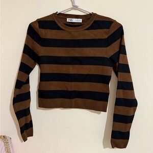 ZARA Black and Brown Striped Crewneck Sweater